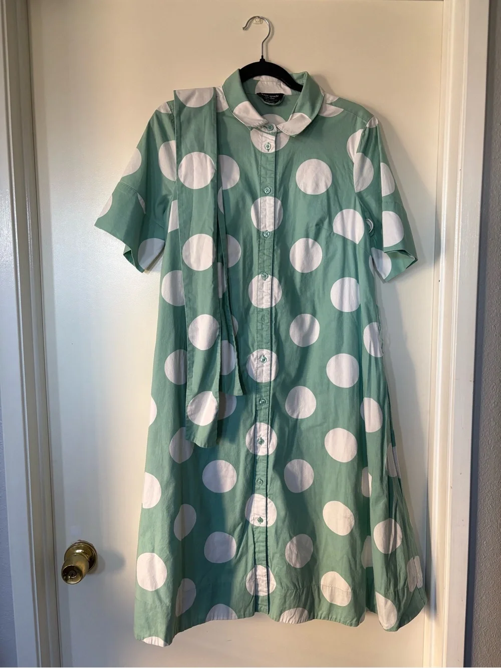 kate spade Mint Green and White Polka Dot Button-Front Midi Dress
